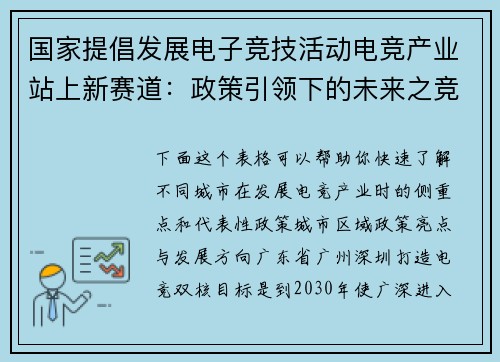 国家提倡发展电子竞技活动电竞产业站上新赛道：政策引领下的未来之竞