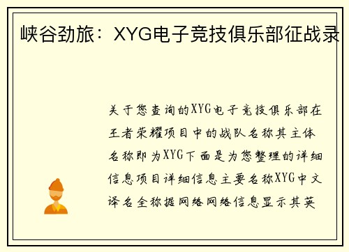 峡谷劲旅：XYG电子竞技俱乐部征战录
